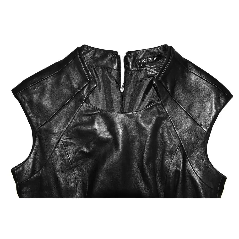 C0 Auth ETCETERA Black Genuine Leather Patch Pockets Short Sleeve Dress Size 2 - Picture 5 of 6